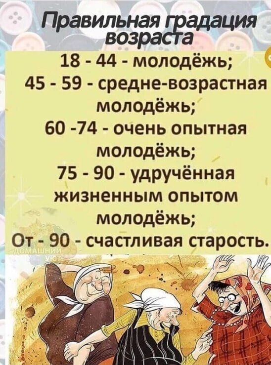 ВИЛ Пра 18 44 молодёжь 45 59 средне возрастная молодёжь 60 74 очень опытная молодёжь 75 90 удручённая жизненным опытом молодёжь От 90 счастливая старость _ _