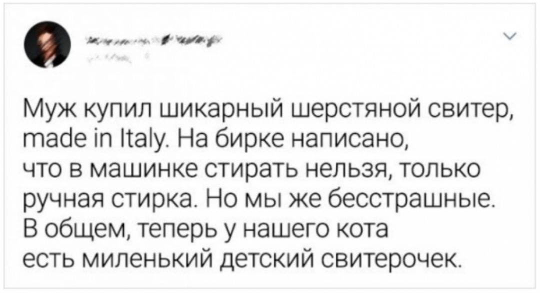 и Муж купип шикарный шерстяной свитер табе іп 1ау На бирке написано что в машинке стирать нельзя только ручная стирка Но мы же бесстрашные В общем теперь у нашего кота есть миленький детский свитерочек