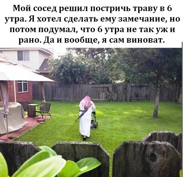 Мой сосед решил постричь траву в 6 утра Я хотел сделать ему замечание но потом подумал что 6 утра не так уж и рано Да и вообще я сам виноват __