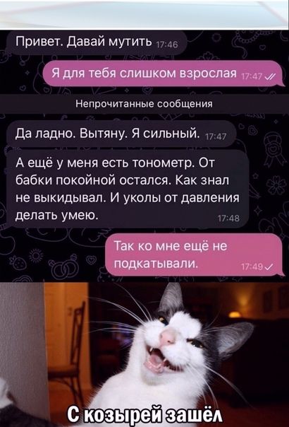Привет Давай мутить я для тебя слишком взрослая Непрпчитаииые сообщения да ладно Вытяну Я сильный А еще у меня есть тонометр От бабки покойной остался Как знал не выкидывап И укопы от давления делать умею Так ко мне ещё не подкатывапи 17 мы