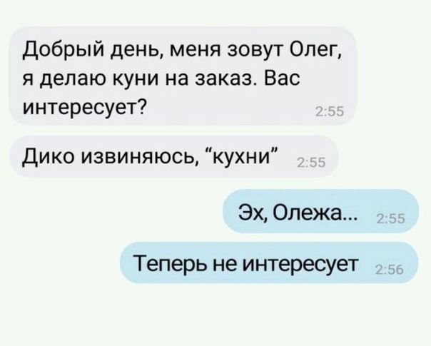 Добрый день меня зовут Олег я делаю куни на заказ Вас интересует дико извиняюсь кухни Эх Олежа Теперь не интересует