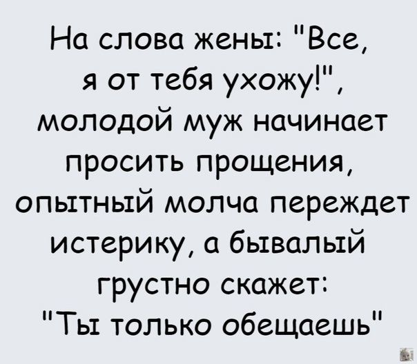 На слова жены Все я от тебя ухожу молодой муж начинает просить прощения опытный молча переждет истерику бывалый грустно скажет Ты только обещаешь