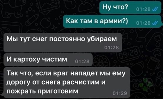 У 0 0128 Как там в армии от Мы тут снег постоянно убираем и картоху чистим _ Так что если враг нападет мы ему дорогу от снега расчистим и пожрать приготовим