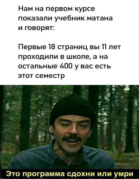 Нам на первом курсе показали учебник метана и говорят Первые 18 страниц вы П пет проходили в школе а на остальные 400 у нас есть этот семесгр Это программа вдохни или умри