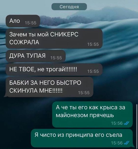 Зачем ты мой СНИКЕРС СОЖРАЛА у _ ЛУРАТУПАЯ 1555 _ НЕ твое не трогай 1555 БАБКИ зд него БЫСТРО СКИНУЛА мнешш 1555 А че ты его как крыса за майонезом прячешь 1555 Я чисто из принципа его съела 1556 1