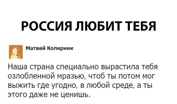 РОССИЯ ЛЮБИТ ТЕБЯ Мишей Коперник Наша страна специально вырастила тебя озлобленной мразью чтоб ты потом мог выжить где угодно в любой среде а ты этого даже не ценишь