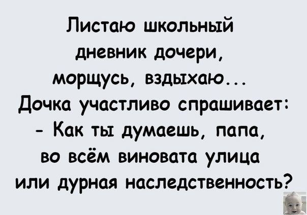 Листаю школьный дневник дочери морщусь вздыхаю Дочка участливо спрашивает Как ты думаешь папа во всём виновата улица или дурная наследственность