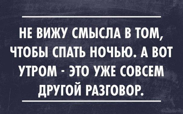 НЕ ВИЖУ СМЫСЛА В ТОМ ЧТОБЫ СПАТЬ НОЧЬЮ А ВОТ УТРОМ ЭТО УЖЕ СОВСЕМ дРУТОЙ РАЗГОВОР