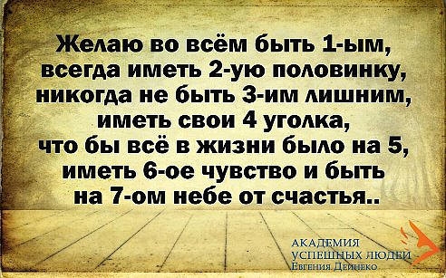 еАаю во всём быть 1 ым всегда иметь 2 ую половинку никогда не быть з им лишним _ иметь свои 4 уголка что бы всё в жизни было на 5 иметь 6 ое чувство и быть на 1 ом небе от счастья Аи ъ Ушшдйщшк по Епгп дк