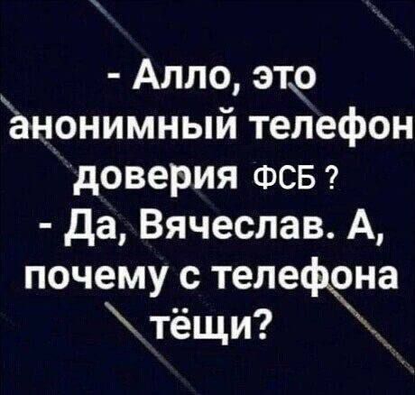 - Алло, это анонимный телефон доверия ФСБ ?
- Да, Вячеслав. А, почему с телефона тещи?