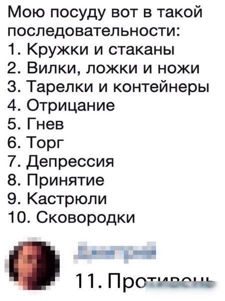 Мою посуду вот в такой последовательности 1 Кружки и стаканы Вилки ложки и ножи Тарелки и контейнеры Отрицание Гнев Торг Депрессия Принятие Кастрюли 10 Сковородки ППротьдзгщ ФФЧФШЬЫЮ