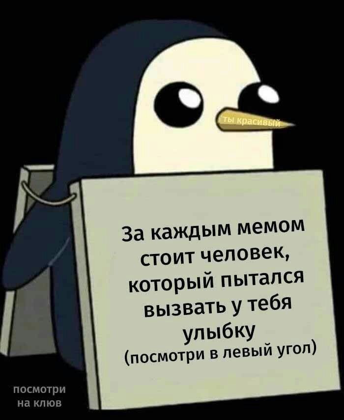 посмотри на клюв За каЖДЫМ мемом стоит человек который пытался вызвать У тебя улыбку посмотри в левый угон