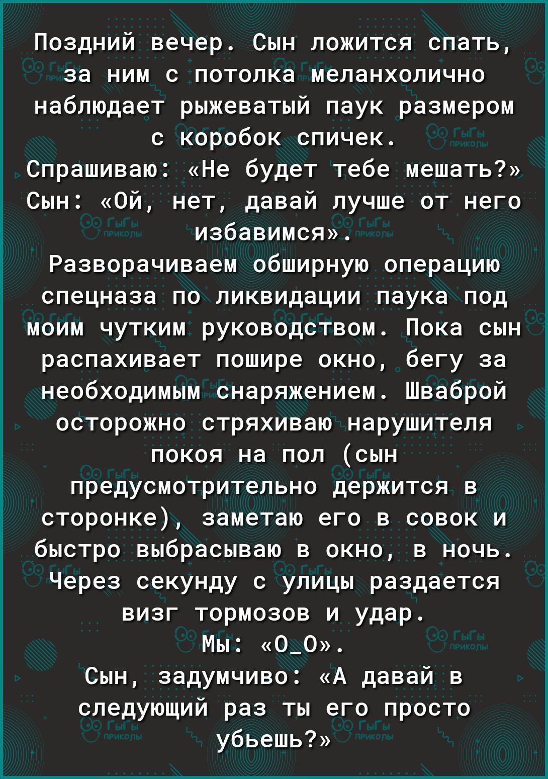 Поздний вечер Сын ложится спать за ним с потолка меланхолично наблюдает рыжеватый паук размером с коробок спичек Спрашиваю Не будет тебе мешать Сын Ой нет давай лучше от него избавимся Разворачиваем обширную операцию спецназа по ликвидации паука под моим чутким руководством Пока сын распахивает пошире окно бегу за необходимым снаряжением Шваброй осторожно стряхиваю нарушителя покоя на пол сын пред
