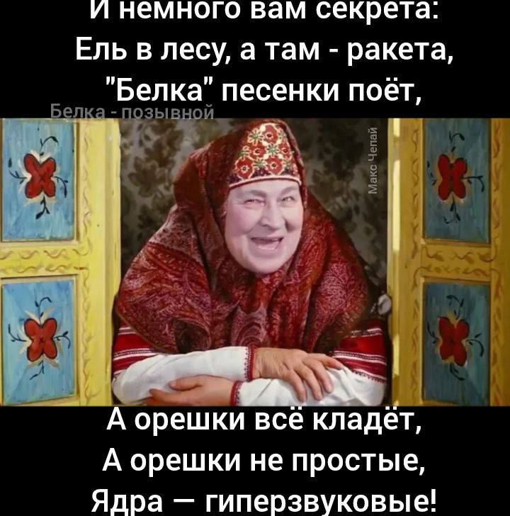 и немного вам секрета Ель в лесу а там ракета Белка песенки поёт поЗЫВНой ы А орешки всё кладёт А орешки не простые Ядра гиперзвуковые