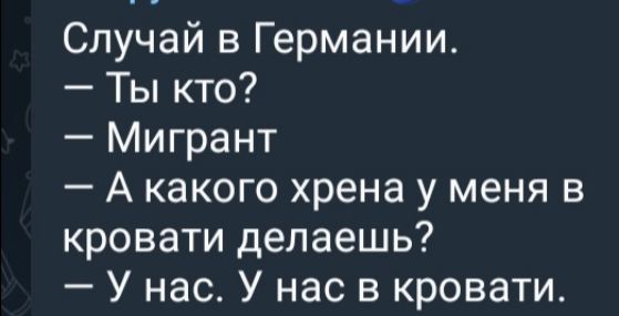 Случай в Германии Ты кто Мигрант А какого хрена у меня в кровати делаешь У нас У нас в кровати