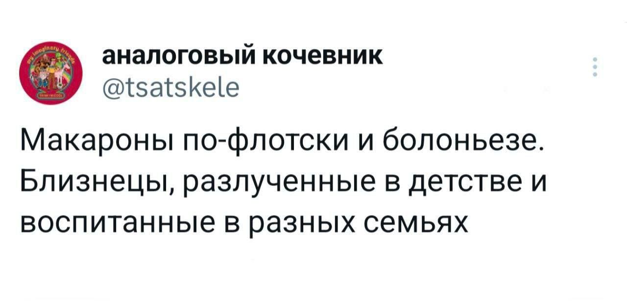 аналоговый кочевник 5а5Кее Макароны по флотски и болоньезе Близнецы разлученные в детстве и воспитанные в разных семьях