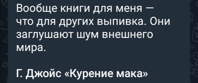 Вообще книги для меня что для других выпивка Они заглушают шум внешнего мира Г Джойс Курение мака