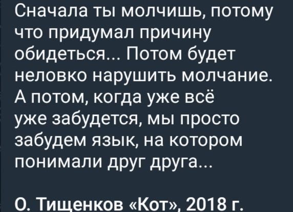 Сначала ты молчишь потому что придумал причину обидеться Потом будет неловко нарушить молчание А потом когда уже всё уже забудется мы просто забудем язык на котором понимали друг друга Тищенков Кот 2018 г