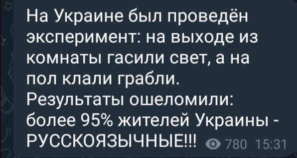 На Украине был проведён эксперимент на выходе из комнаты гасили свет а на пол клали грабли Результаты ошеломили более 95 жителей Украины РУССКОЯЗЫЧНЫЕ 780