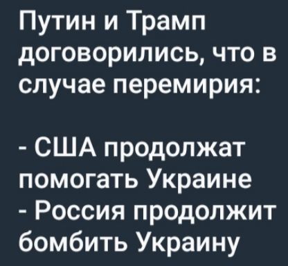 Путин и Трамп договорились, что в случае перемирия:
- США продолжат помогать Украине
- Россия продолжит бомбить Украину