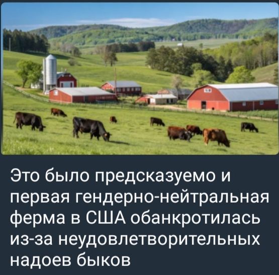 Это было предсказуемо и первая гендерно-нейтральная ферма в США обанкротилась из-за неудовлетворительных надоев быков.