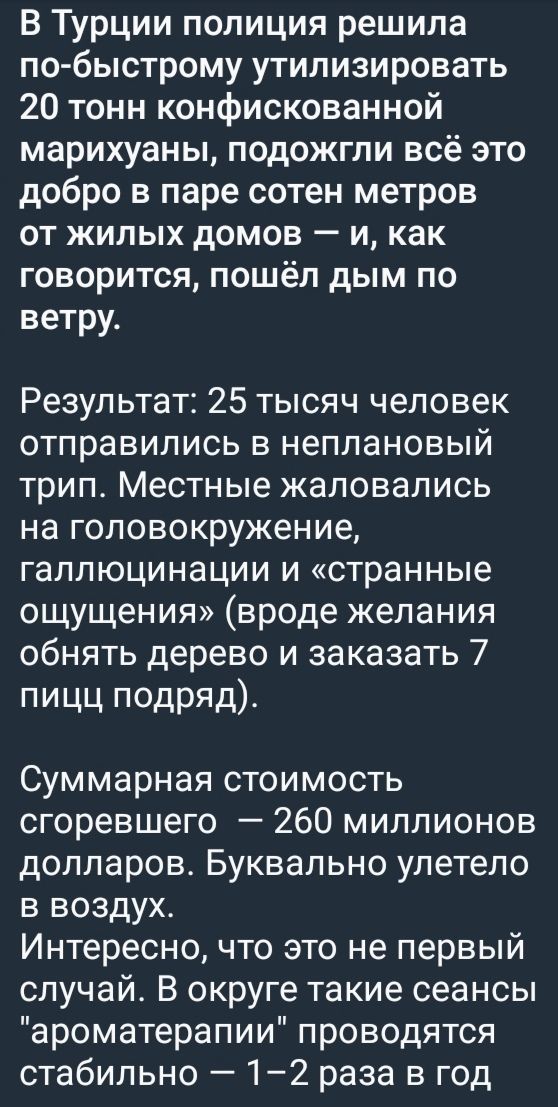 В Турции полиция решила по-быстрому утилизировать 20 тонн конфискованной марихуаны, подожгли всё это добро в паре сотен метров от жилых домов — и, как говорится, пошёл дым по ветру.

Результат: 25 тысяч человек отправились в неплановый трип. Местные жаловались на головокружение, галлюцинации и «странные ощущения» (вроде желания обнять дерево и заказать 7 пицц подряд).

Суммарная стоимость сгоревшего — 260 миллионов долларов. Буквально улетело в воздух.
Интересно, что это не первый случай. В округе такие сеансы 