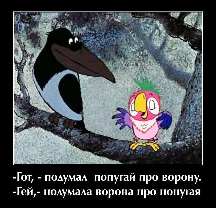 -Гот, - подумал попугай про ворону.
-Гей, - подумала ворона про попугая.