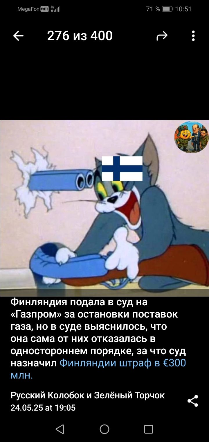 Финляндия подала в суд на «Газпром» за остановки поставок газа, но в суде выяснилось, что она сама от них отказалась в одностороннем порядке, за что суд назначил Финляндии штраф €300 млн.
Русский Колобок и Зелёный Торчок
24.05.25 в 19:05