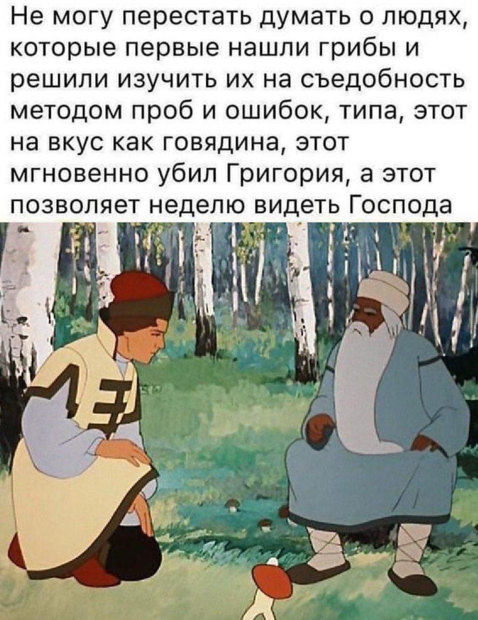 Не могу перестать думать о людях, которые первые нашли грибы и решили изучить их на съедобность методом проб и ошибок, типа, этот на вкус как говядина, этот мгновенно убил Григория, а этот позволяет неделю видеть Господа.