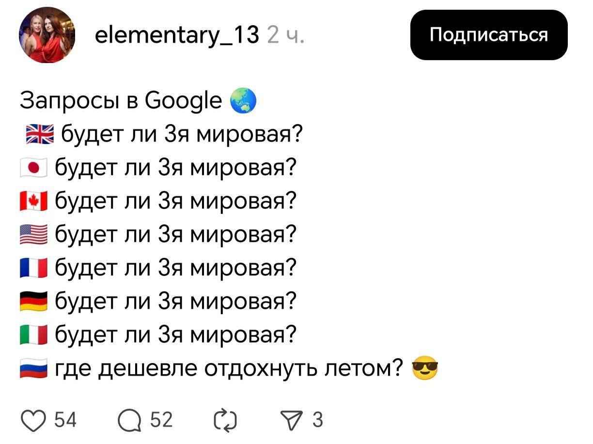 Запросы в Google 🌍
🇬🇧 будет ли 3я мировая?
🇯🇵 будет ли 3я мировая?
🇨🇦 будет ли 3я мировая?
🇺🇸 будет ли 3я мировая?
🇫🇷 будет ли 3я мировая?
🇩🇪 будет ли 3я мировая?
🇮🇹 будет ли 3я мировая?
🇷🇺 где дешево отдохнуть летом? 😎