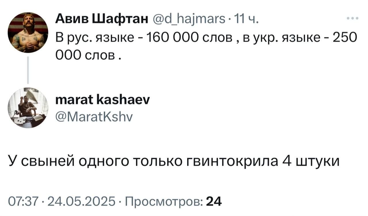 В рус. языке - 160 000 слов, в укр. языке - 250 000 слов.
У свиней одного только гвинтокрила 4 штуки