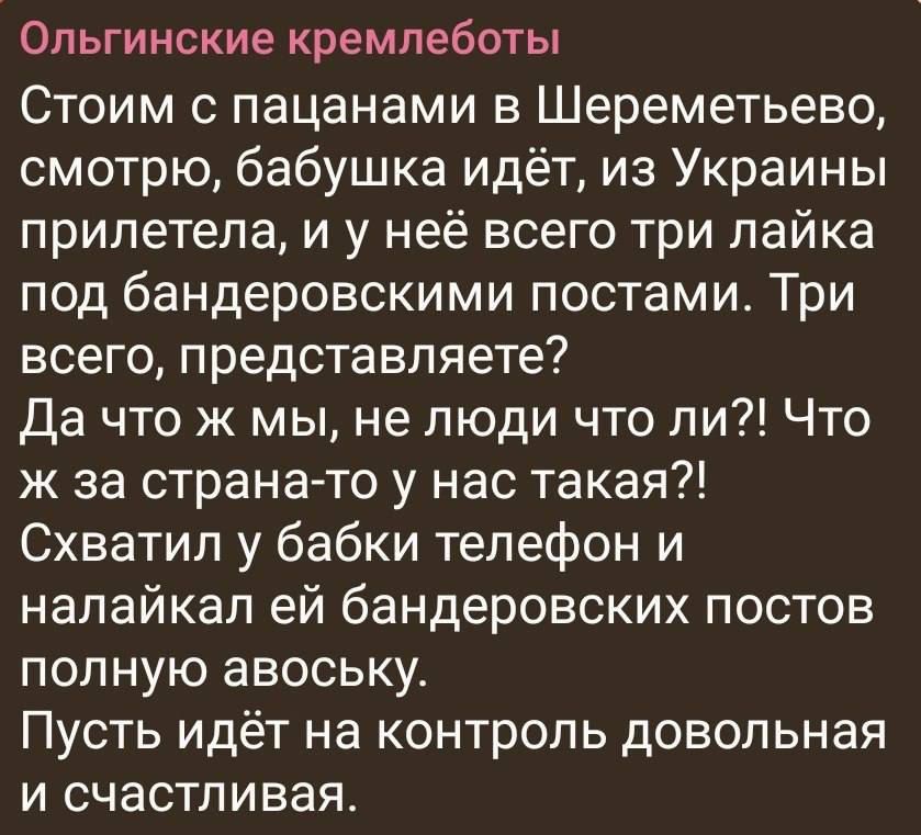 Ольгинские кремлеботы

Стоим с пацанами в Шереметьево, смотрю, бабушка идёт, из Украины прилетела, и у неё всего три лайка под бандеровскими постами. Три всего, представляете?
Да что ж мы, не люди что ли?! Что ж за страна-то у нас такая?!
Схватил у бабки телефон и налажал ей бандеровских постов полную авоську.
Пусть идёт на контроль довольная и счастливая.