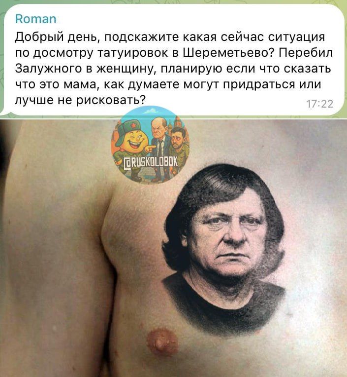 Добрый день, подскажите какая сейчас ситуация по досмотру татуировок в Шереметьево? Перебил Залужного в женщину, планирую если что сказать что это мама, как думаете могут придраться или лучше не рисковать?