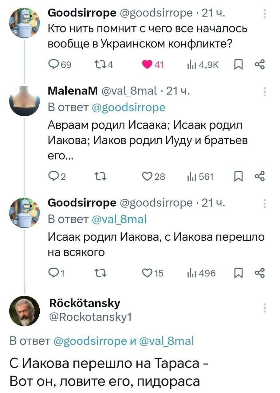 Кто нить помнит с чего все началось вообще в Украинском конфликте? Авраам родил Исаака; Исаак родил Иакова; Иаков родил Иуду и братьев его... Исаак родил Иакова, с Иакова перешло на всякого. С Иакова перешло на Тараса - Вот он, ловите его, пидараса.