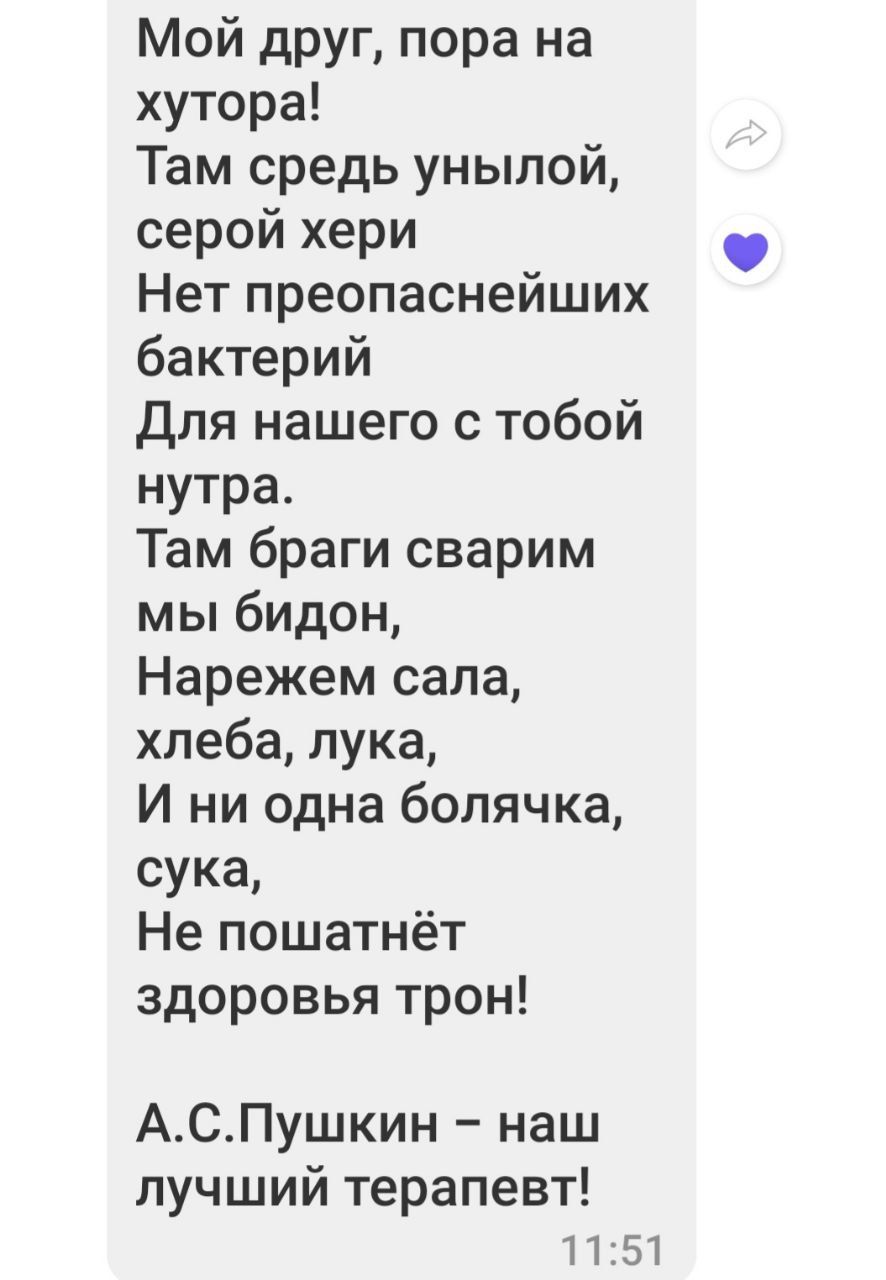 Мой друг, пора на хутора! Там средь унылой, серой хери Нет преопаснейших бактерий Для нашего с тобой нутра. Там благи сварим мы бидон, Нарежем сала, хлеба, лука, И ни одна болячка, сука, Не пошатнёт здоровья трон! А.С.Пушкин – наш лучший терапевт!