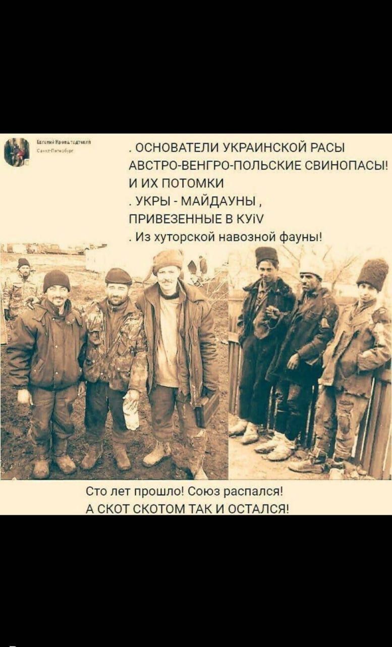 ОСНОВАТЕЛИ УКРАИНСКОЙ РАСЫ АВСТРО-ВЕНГРО-ПОЛЬСКИЕ СВИНОПАСЬ! И ИХ ПОТОМКИ УКРЫ - МАЙДАНУЫ, ПРИВЕЗЕННЫЕ В КИÈВ Из хуторский навозной фауны! Сто лет прошло! Союз распался! А СКОТ СКОТОМ ТАК И ОСТАЛСЯ!