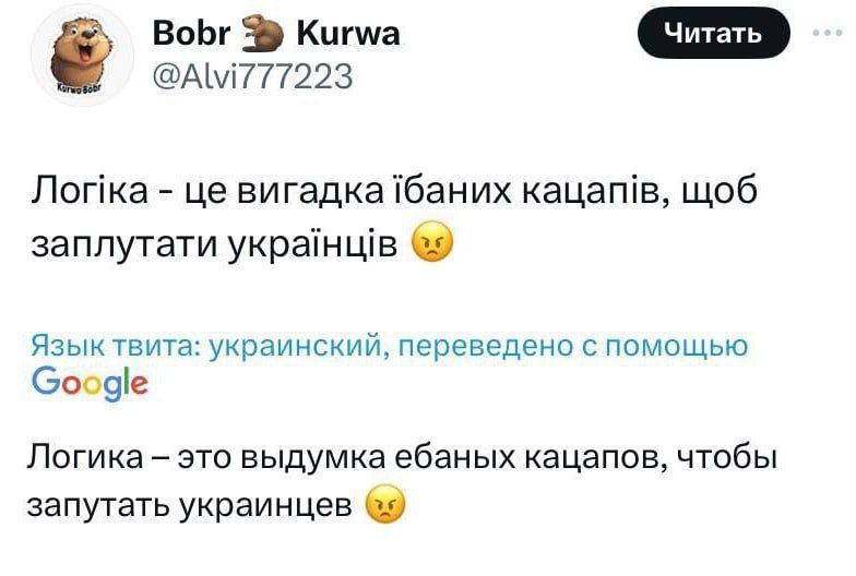 Логіка – це вигадка їбаних кацапів, щоб заплутати українців. 
Логіка – это выдумка ебаных кацапов, чтобы запутать украинцев.