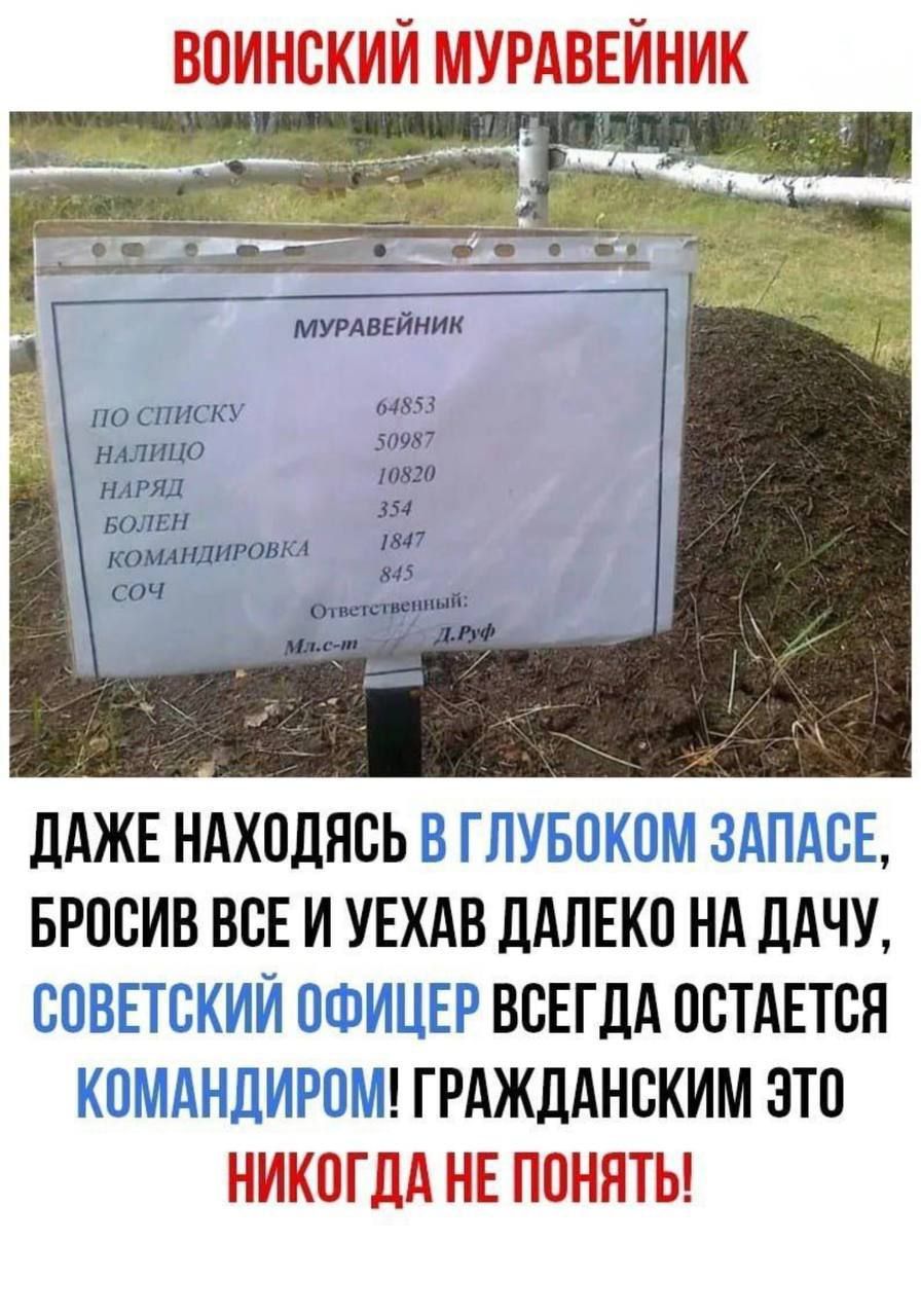 ВОИНСКИЙ МУРАВЕЙНИК

ПО СПИСКУ 64853
НАЛИЦО 50987
НАРЯД 10820
БОЛЬНЫХ 354
КОМАНДИРОВКА 1847
СОЧ 8845

Ответственный:
Млc-лн Д. Руб

ДАЖЕ НАХОДЯСЬ В ГЛУБОКОМ ЗАПАСЕ, БРОСИВ ВСЕ И УЕХАВ ДАЛЕКО НА ДАЧУ, СОВЕТСКИЙ ОФИЦЕР ВСЕГДА ОСТАЕТСЯ КОМАНДИРОМ! ГРАЖДАНСКИМ ЭТО НИКОГДА НЕ ПОНИМАТЬ!
