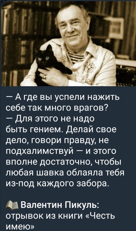 — А где вы успели нажить себе так много врагов?
— Для этого не надо быть гением. Делай свое дело, говори правду, не подхалимствуй — и этого вполне достаточно, чтобы любая шавка обляла тебя из-под каждого забора.

📖 Валентин Пикуль: отрывок из книги «Честь имею»
