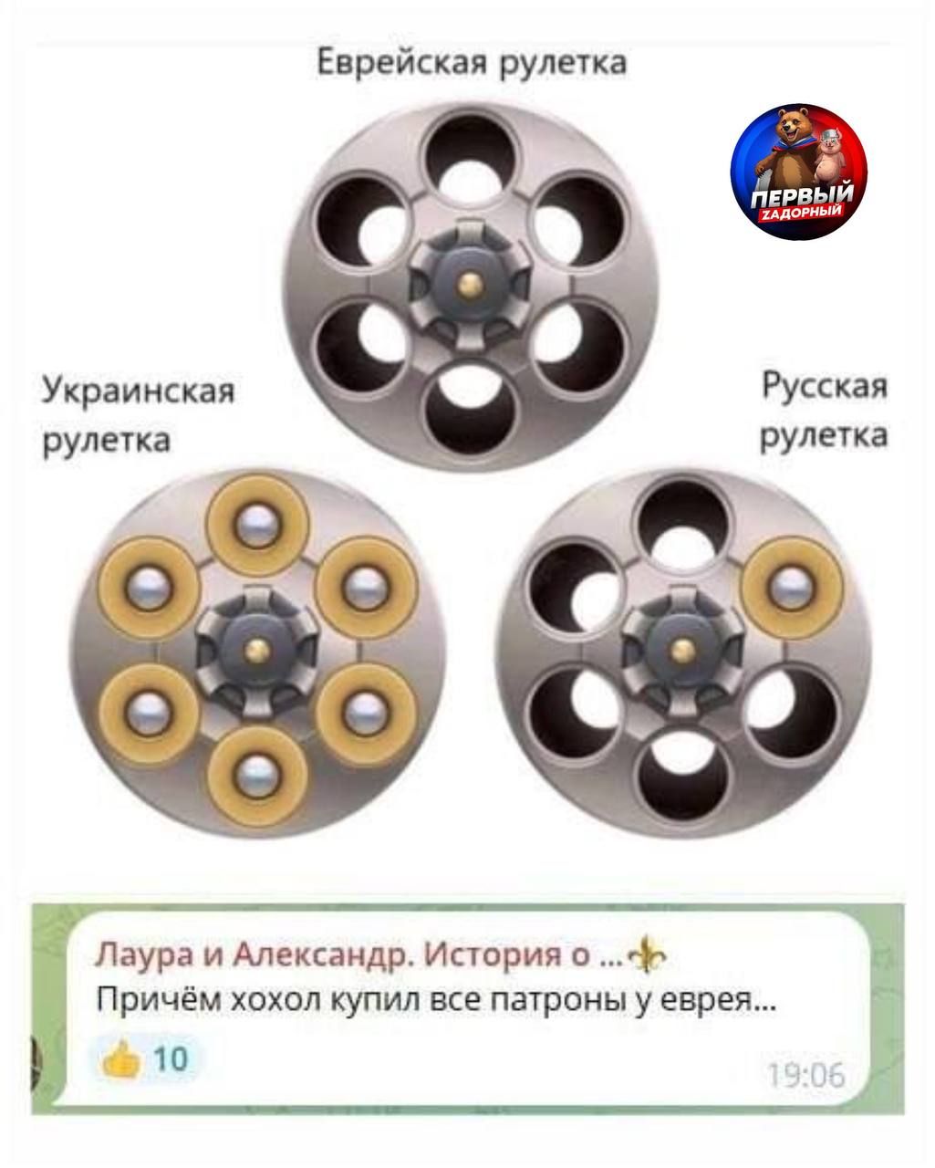 Еврейская рулетка
Украинская рулетка
Русская рулетка
Лаура и Александр. История о ...
Причём хохол купил все патроны у еврея...