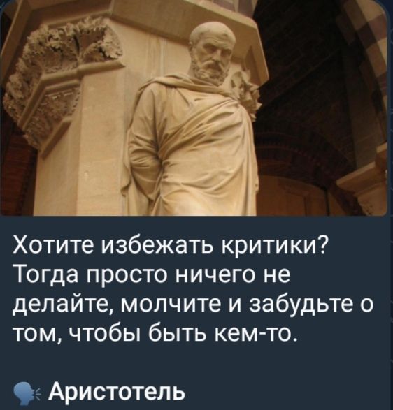 Хотите избежать критики? Тогда просто ничего не делайте, молчите и забудьте о том, чтобы быть кем-то.
Аристотель