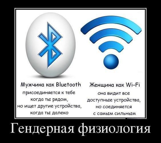 Гендерная физиология

Мужчина как Bluetooth
присоединяется к тебе
когда ты рядом,
но ищет другие устройства,
когда ты далеко.

Женщина как Wi-Fi
она видит все
доступные устройства,
но соединяется
с самым сильным.