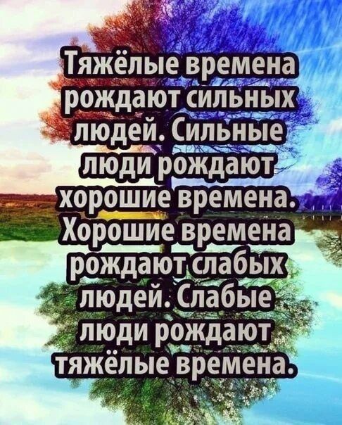 Тяжёлые времена рождают сильных людей. Сильные люди рождают хорошие времена. Хорошие времена рождают слабых людей. Слабые люди рождают тяжёлые времена.