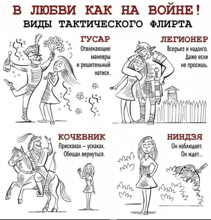 В ЛЮБВИ КАК НА ВОЙНЕ! ВИДЫ ТАКТИЧЕСКОГО ФЛИРТА ГУСАР Отвлекающие манёвры и решительный натиск. ЛЕГИОНЕР Всверзёшь и надолго. Даже если не просишь. КОЧЕВНИК Прискакал – ускакал. Обеща вернуться. НИНДЗЯ Он наблюдает. Он ждёт.