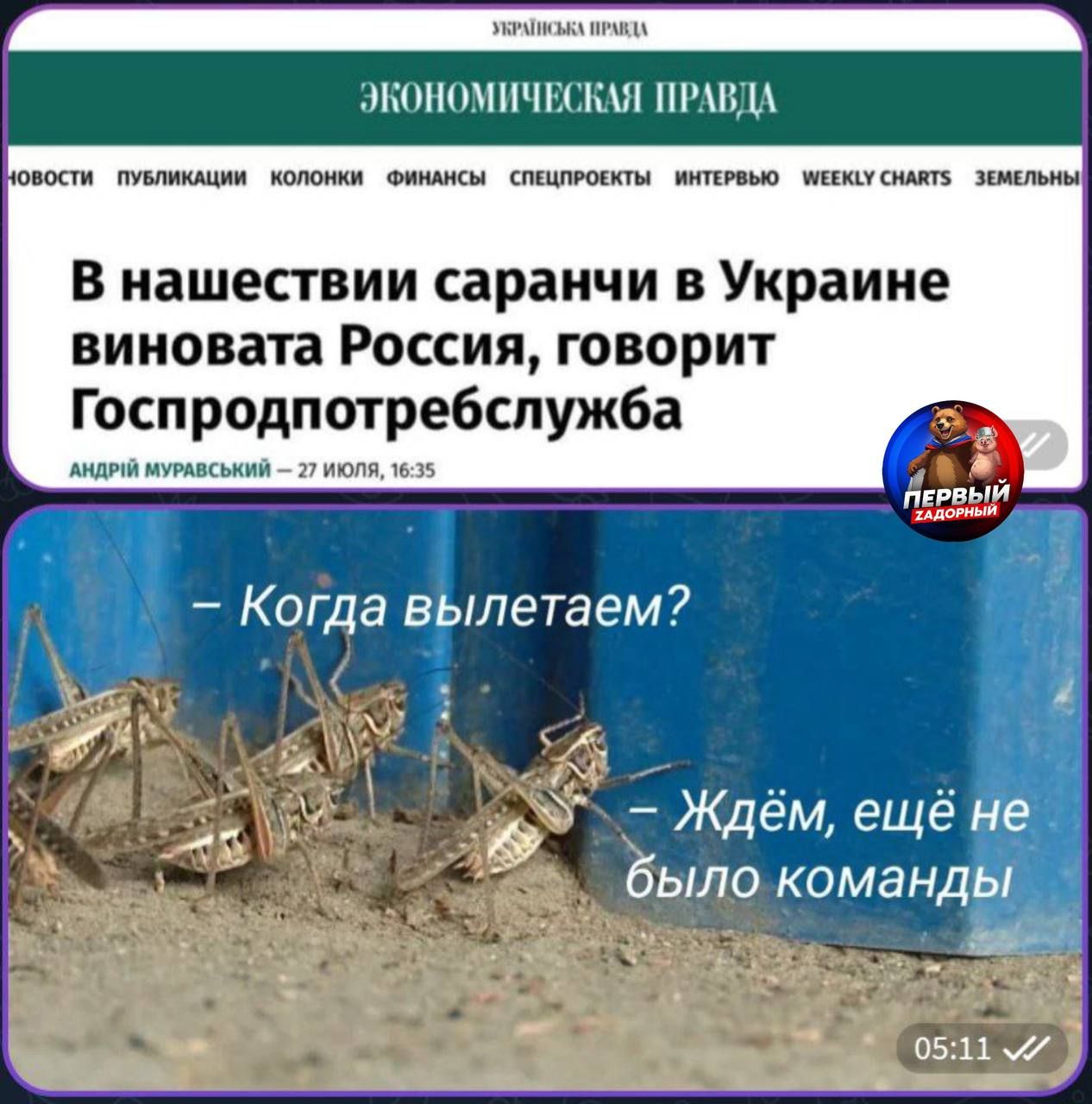 В нашествии саранчи в Украине виновата Россия, говорит Госпотребслужба
АНДРЕЙ МУРАВСКИЙ – 27 ИЮЛЯ, 16:35

– Когда вылетаем?  
– Ждём, ещё не было команды