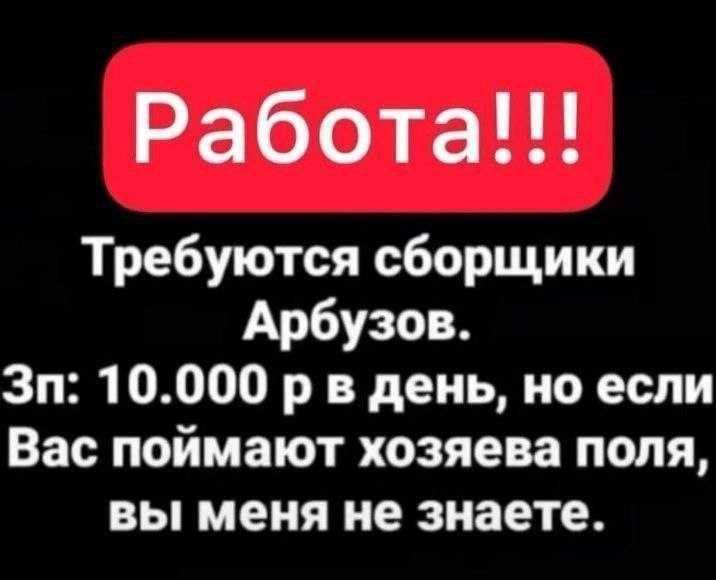 Работа!!!
Требуются сборщики Арбузов.
ЗП: 10.000 р в день, но если Вас поймают хозяева поля, вы меня не знаете.