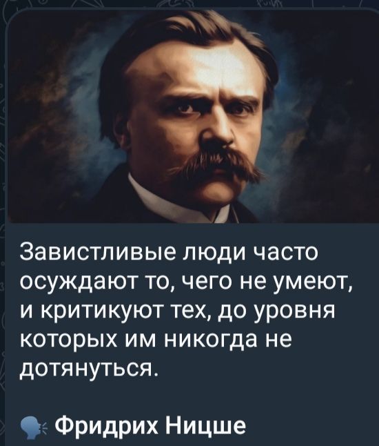 Завистливые люди часто осуждают то, чего не умеют, и критикуют тех, до уровня которых им никогда не дотянуться.

Фридрих Ницше