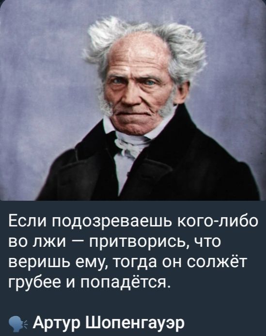 Если подозреваешь кого-либо во лжи — притвориcь, что веришь ему, тогда он сольёт грубее и попадётся. Артур Шопенгауэр
