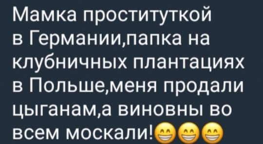 Мамка проституткой в Германии, папка на клубничных плантациях в Польше, меня продали цыганам, а виновны во всем москали!😁😁😁