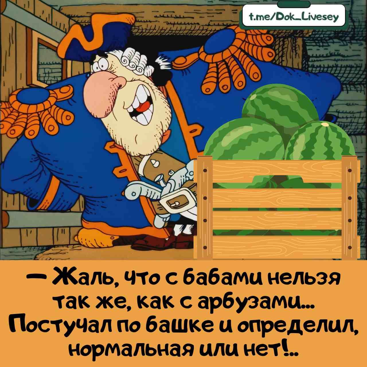 — Жаль, что с бабами нельзя так же, как с арбузами... Поступал по башке и определил, нормальная или нет!...